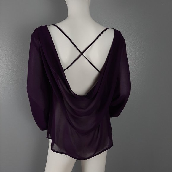 Tobi Womens Sheer Blouse Size Medium Purple Strappy Open Back V-Neck Long Sleeve - Picture 4 of 7